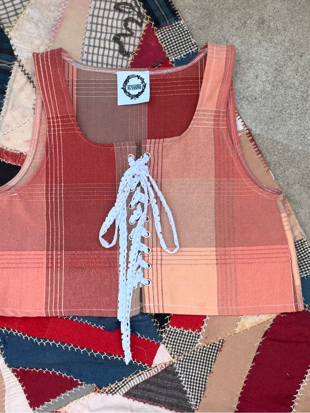 Handmade lace up -Front Plaid Crop Top in Rust and Peach - Picture 3 of 5